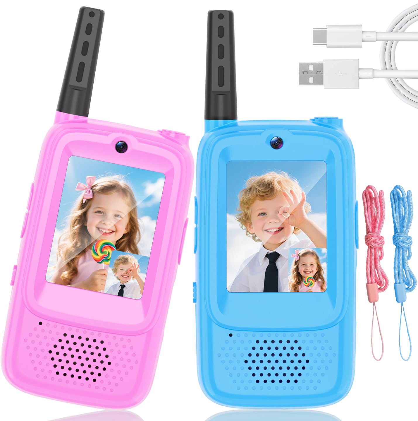 Video Walkie Talkies for Kids, 2 Pack Rechargeable Kids Walkie Talkies Long Range Outdoor Christmas Birthday Toddler Toys Gifts for 3-12 Year Old Boys Girls for Outside, Camping, Travel, Hiking, Pink