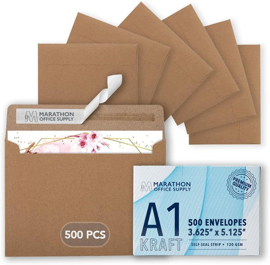 MOS A1 Kraft Envelopes 3.6 x 5.1 Inch 500 Pack — Brown Self-Seal Heavyweight Invitation Envelopes for RSVP, Thank You Cards, Gift Cards, Weddings, Business Mailings