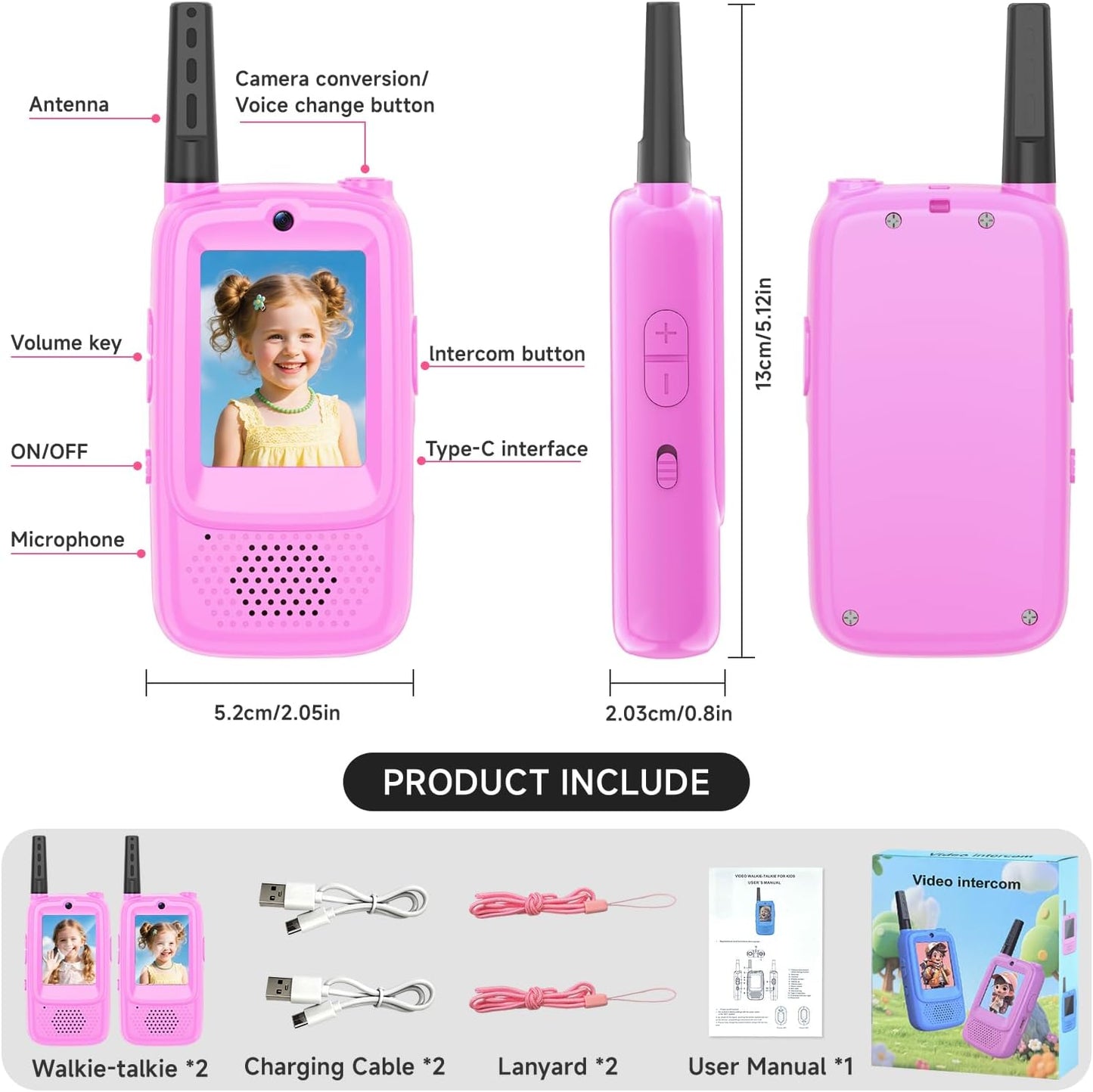 Video Walkie Talkies for Kids, 2 Pack Rechargeable Kids Walkie Talkies Long Range Outdoor Christmas Birthday Toddler Toys Gifts for 3-12 Year Old Boys Girls for Outside, Camping, Travel, Hiking, Pink
