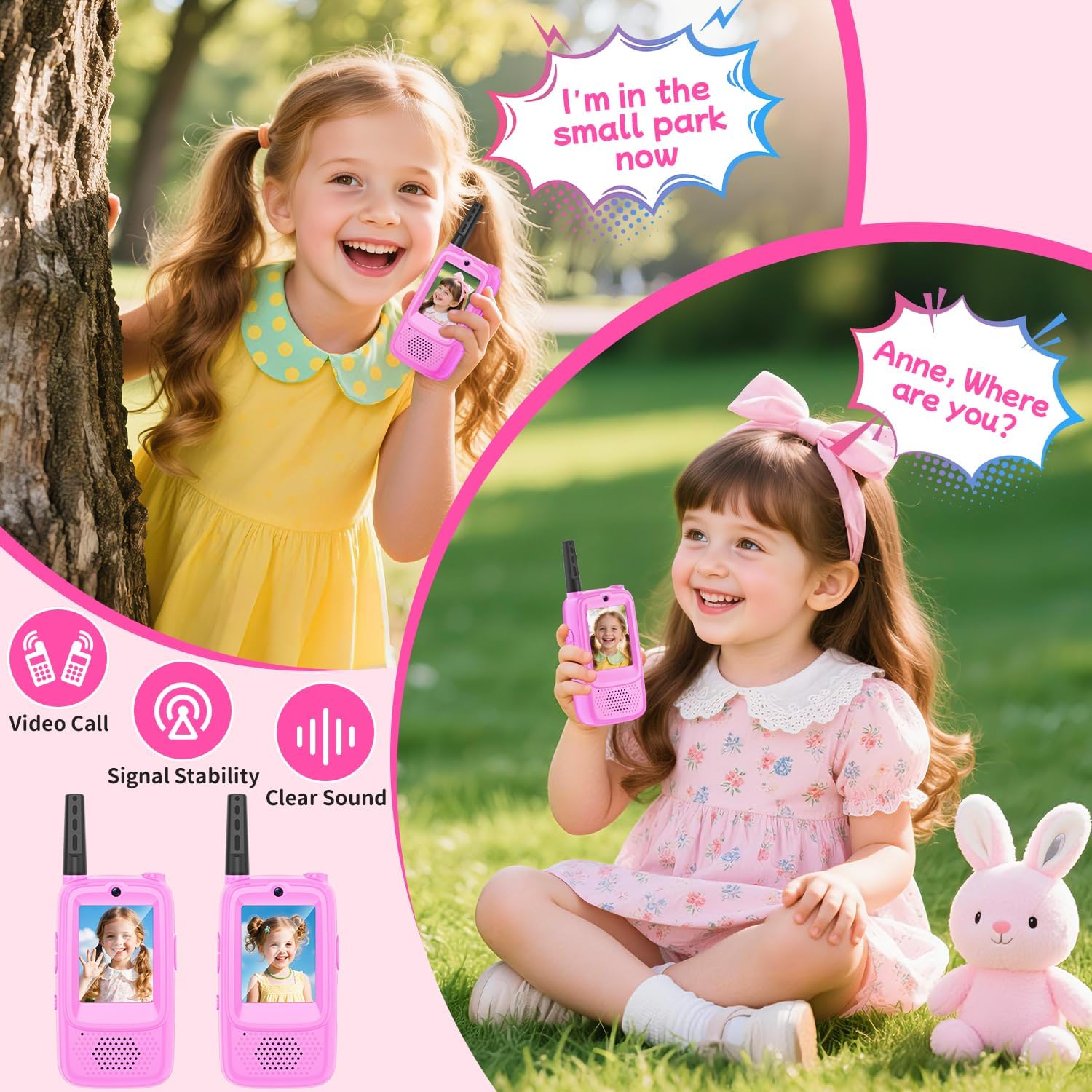 Video Walkie Talkies for Kids, 2 Pack Rechargeable Kids Walkie Talkies Long Range Outdoor Christmas Birthday Toddler Toys Gifts for 3-12 Year Old Boys Girls for Outside, Camping, Travel, Hiking, Pink