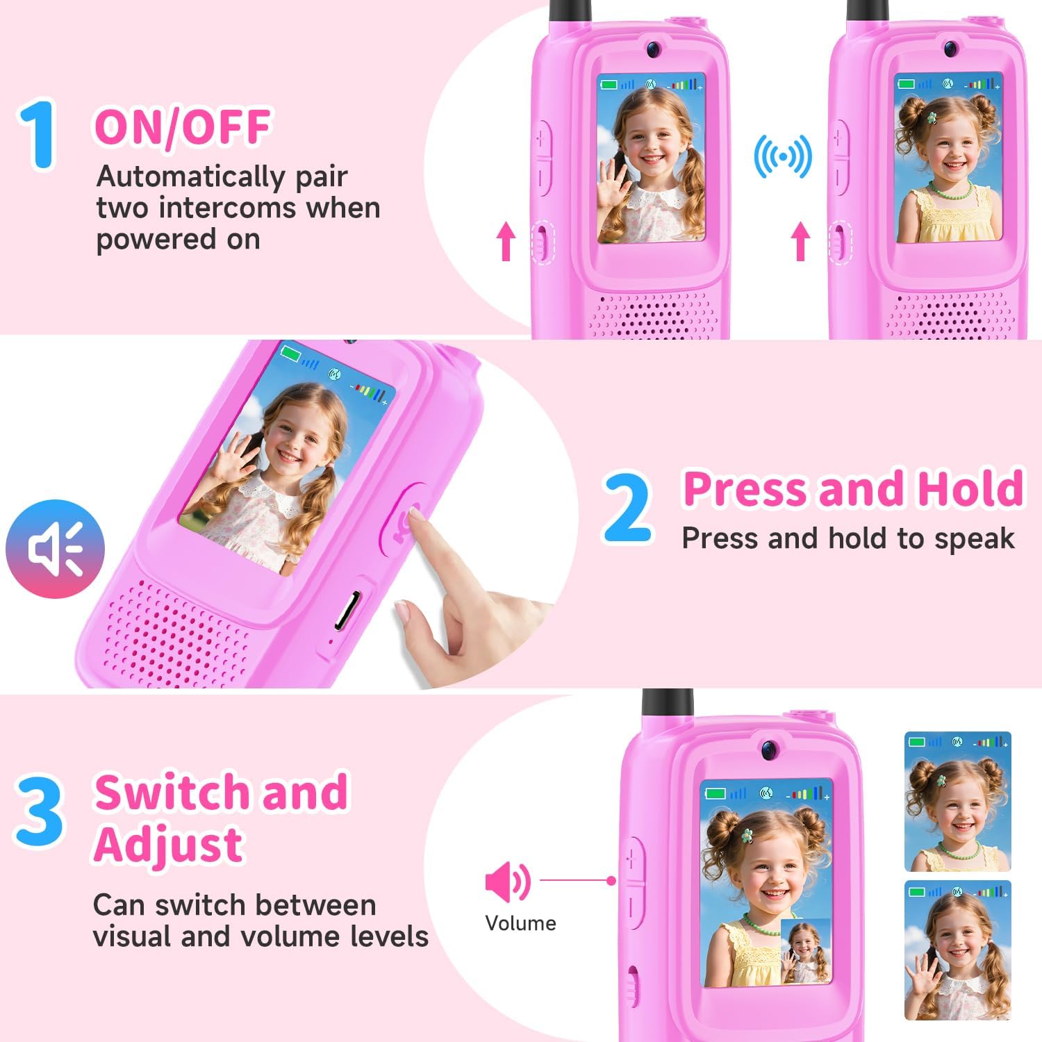 Video Walkie Talkies for Kids, 2 Pack Rechargeable Kids Walkie Talkies Long Range Outdoor Christmas Birthday Toddler Toys Gifts for 3-12 Year Old Boys Girls for Outside, Camping, Travel, Hiking, Pink