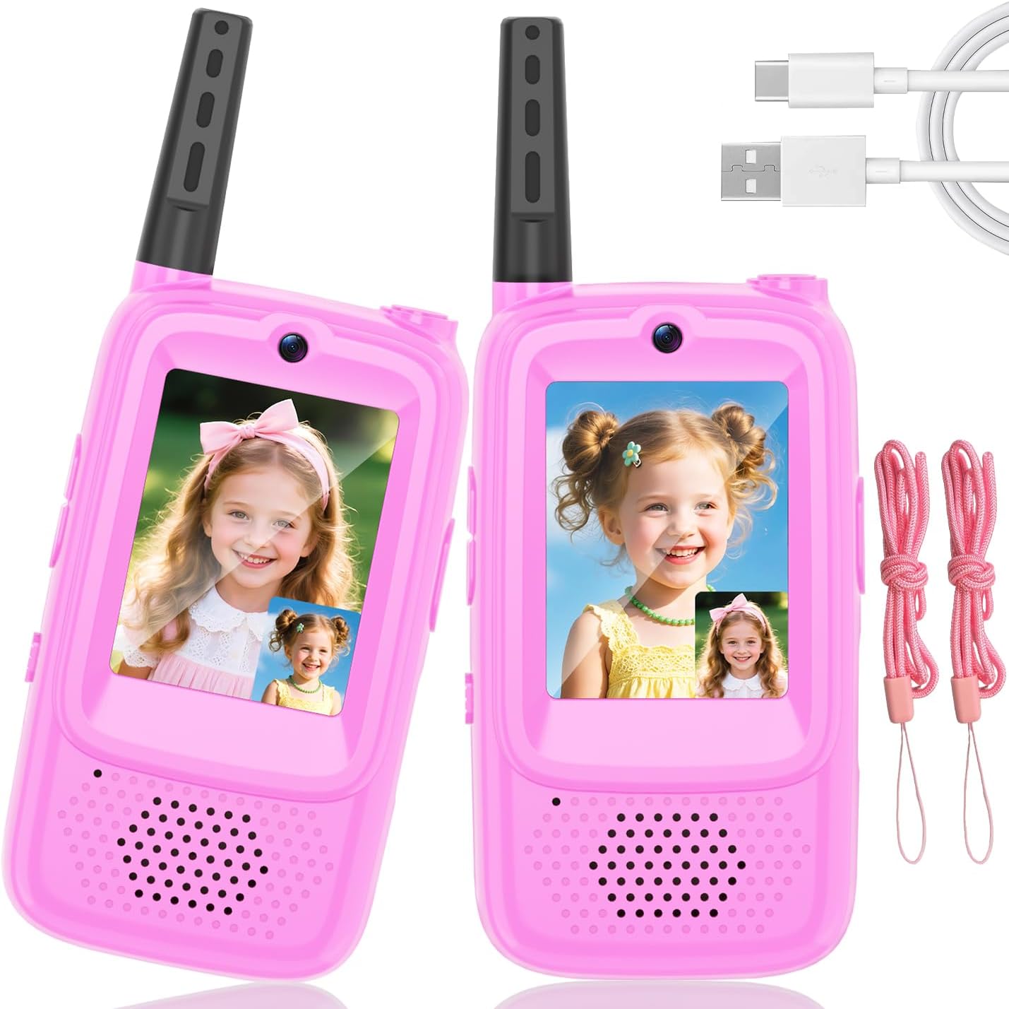 Video Walkie Talkies for Kids, 2 Pack Rechargeable Kids Walkie Talkies Long Range Outdoor Christmas Birthday Toddler Toys Gifts for 3-12 Year Old Boys Girls for Outside, Camping, Travel, Hiking, Pink