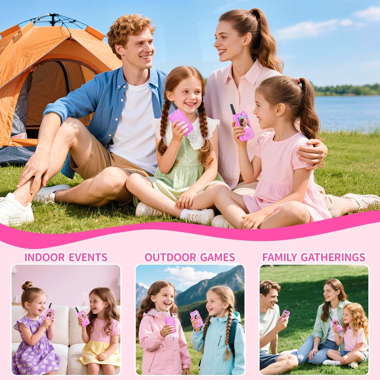 Video Walkie Talkies for Kids, 2 Pack Rechargeable Kids Walkie Talkies Long Range Outdoor Christmas Birthday Toddler Toys Gifts for 3-12 Year Old Boys Girls for Outside, Camping, Travel, Hiking, Pink